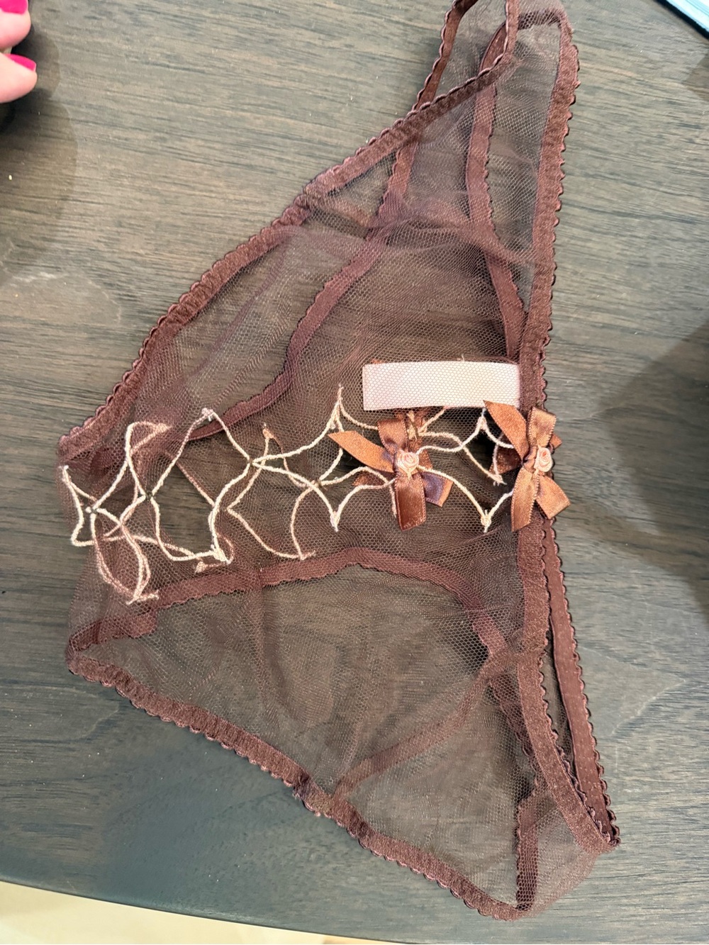 Agent Proveacuer sheer  Brown Embroidered Mesh Bikini Panty - Brown